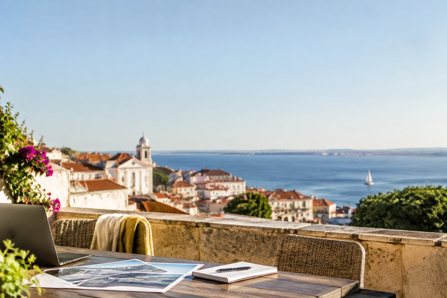 Négocier son bien immobilier au Portugal Ordinateur et documents sur une terrasse avec vue sur Lisbonne et le Tage.