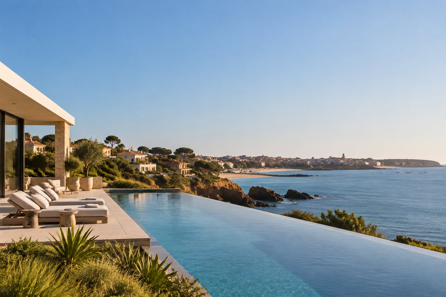 Immobilier de luxe : Villa d’exception à Cascais Terrasse d'une villa de luxe avec piscine à débordement surplombant la baie de Cascais sous un ciel bleu ensoleillé.
