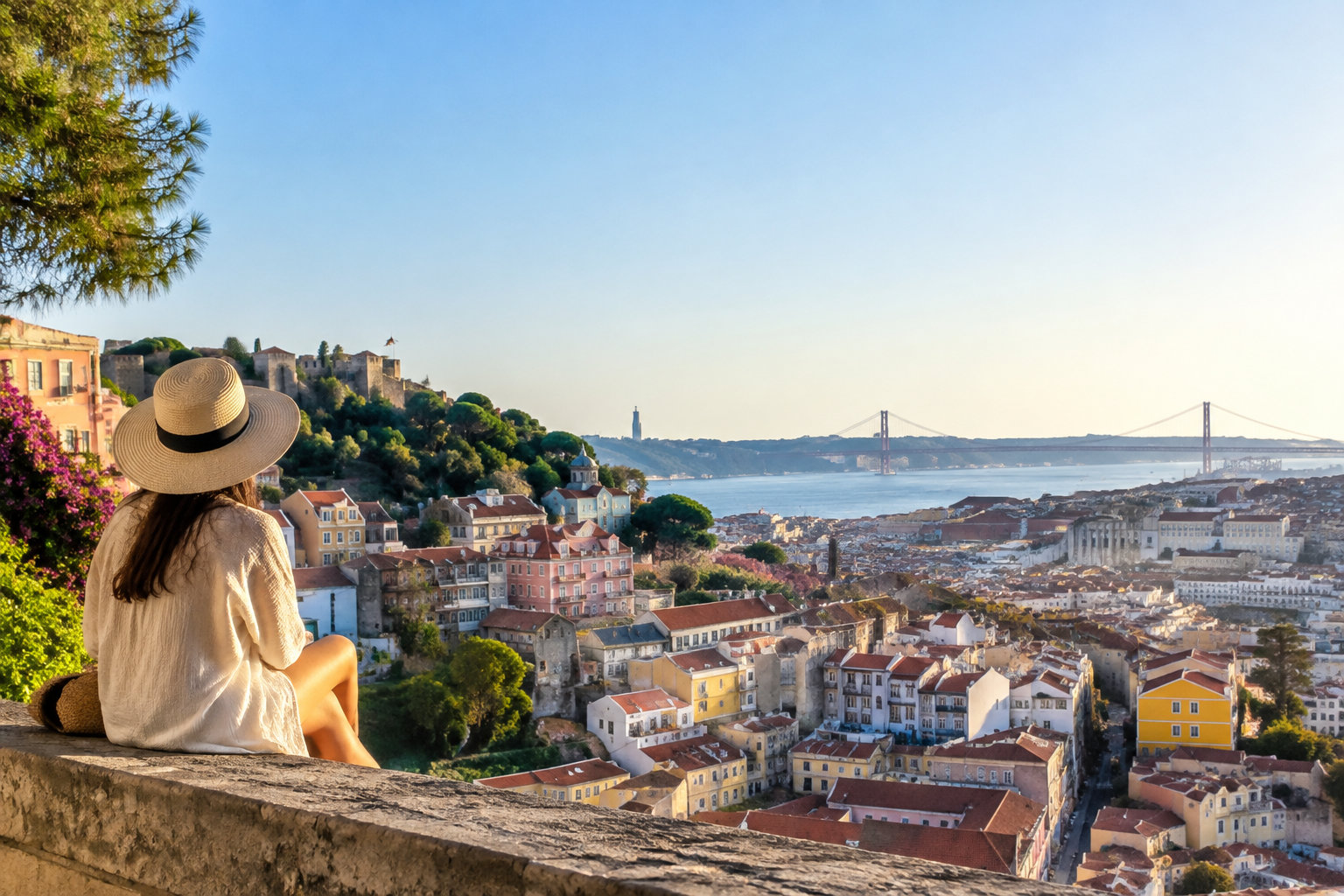 Quel quartier choisir à Lisbonne ? Femme avec chapeau admirant la vue panoramique sur Lisbonne et le pont du 25 avril depuis un mirador au coucher du soleil.