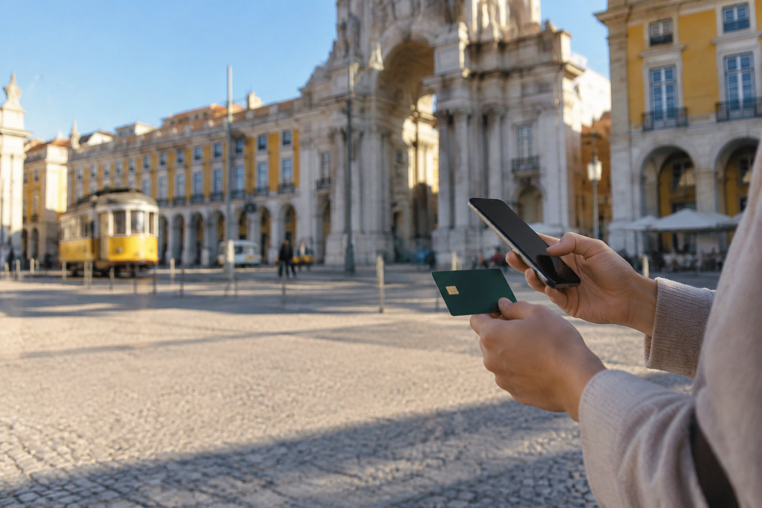 Ouvrir un compte bancaire au Portugal à distance en 2026 Mains tenant un smartphone et une carte bancaire avec la Place du Commerce de Lisbonne en arrière-plan.