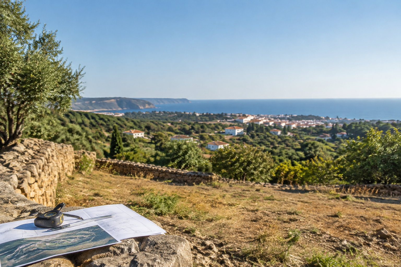 Acheter un terrain au Portugal : bien se préparer Plans de terrain posés sur un muret en pierre avec vue panoramique sur un village portugais et la mer en arrière-plan.