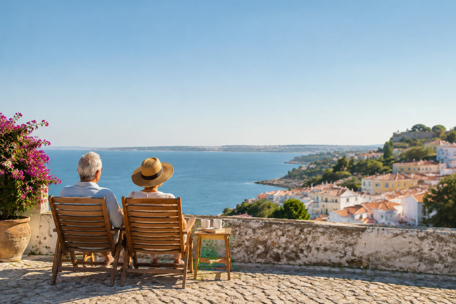 Retraite au Portugal : profitez de la vue Un couple âgé assis sur des chaises en bois face à la mer et un village côtier au Portugal.