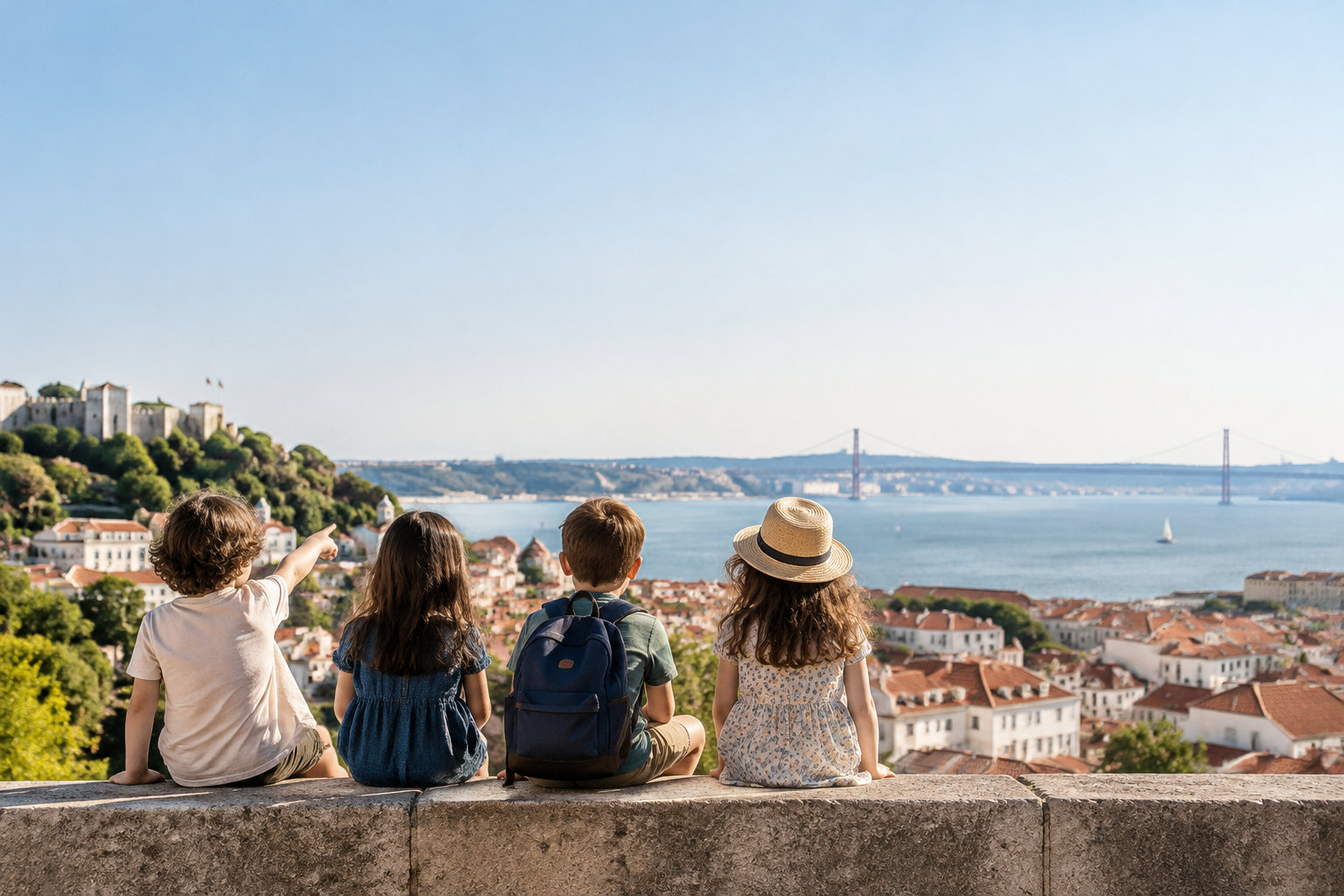 Enfants admirant la vue panoramique de Lisbonne Quatre enfants assis sur un muret de pierre regardant le pont du 25 avril à Lisbonne.
