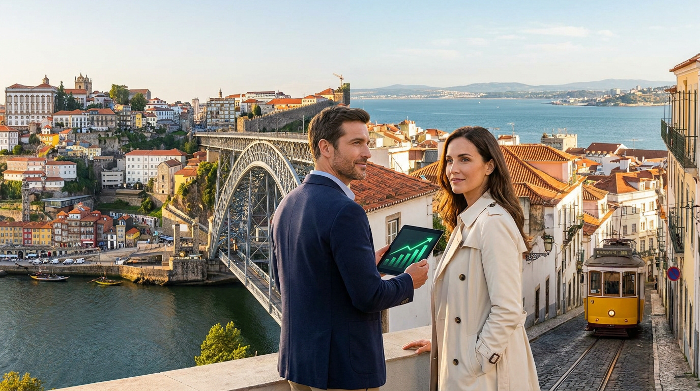 Investir à Porto ou Lisbonne en 2026 Un couple d'investisseurs examine une tablette avec un graphique en hausse devant un montage de Porto et Lisbonne.