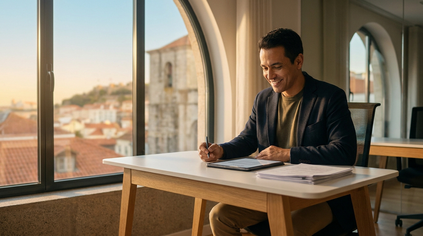Numéro de sécurité sociale au Portugal en 2026 Un homme souriant travaillant sur une tablette numérique près d'une fenêtre avec vue sur une ville portugaise.