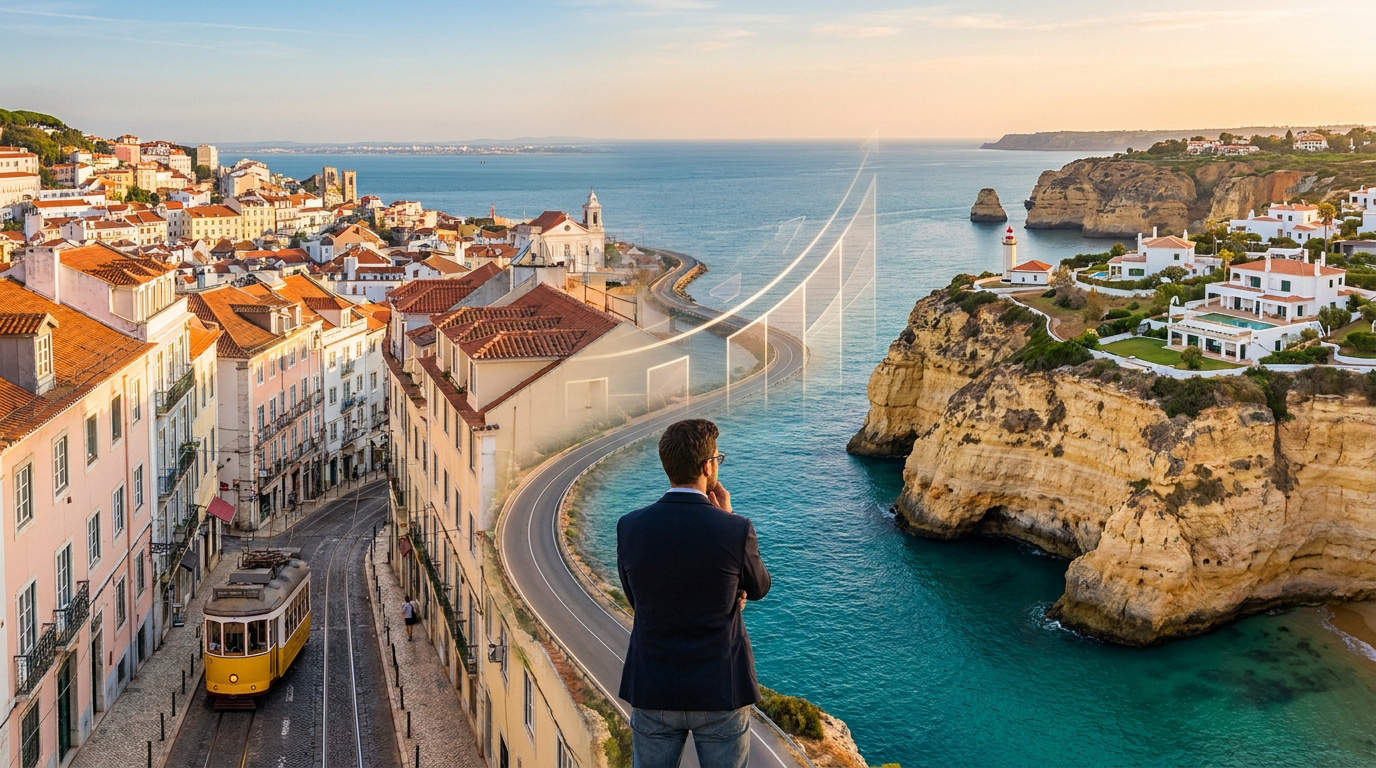Baromètre des prix immobiliers au Portugal 2026 Un homme en costume observe un paysage portugais composé d'une ville historique et de falaises côtières avec un graphique.