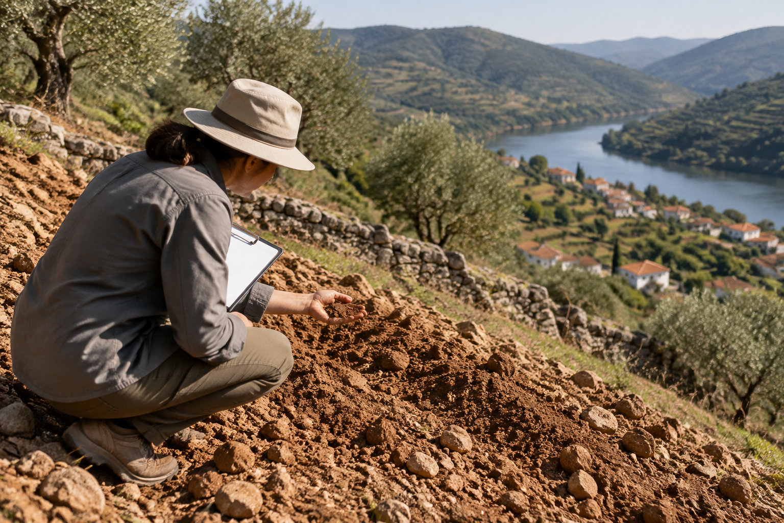 Une personne accroupie examine une poignée de terre sur un coteau rocheux, avec un carnet et un paysage de vallée et de lac en arrière-plan.
