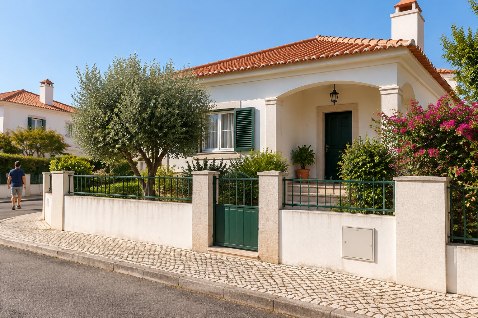 Une maison blanche au toit de tuiles rouges est entourée d’un jardin clos, tandis qu’un homme marche sur le trottoir devant.