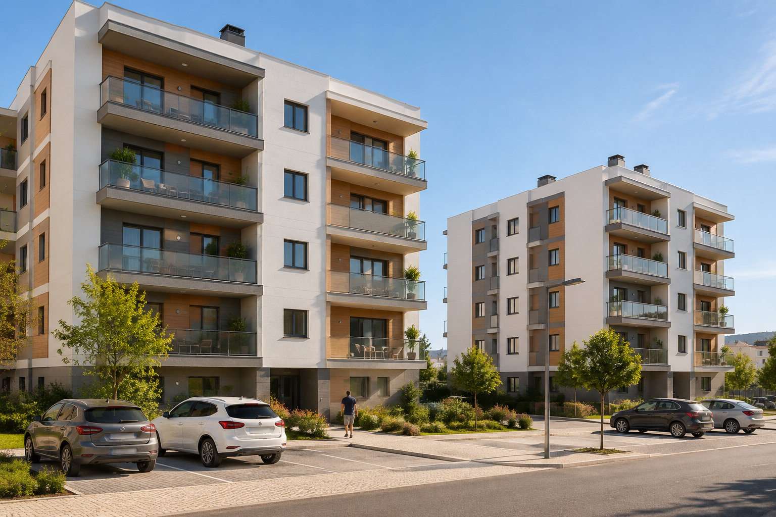 Deux immeubles résidentiels modernes avec balcons bordent une rue où sont garées plusieurs voitures, tandis qu’un piéton marche près des bâtiments.