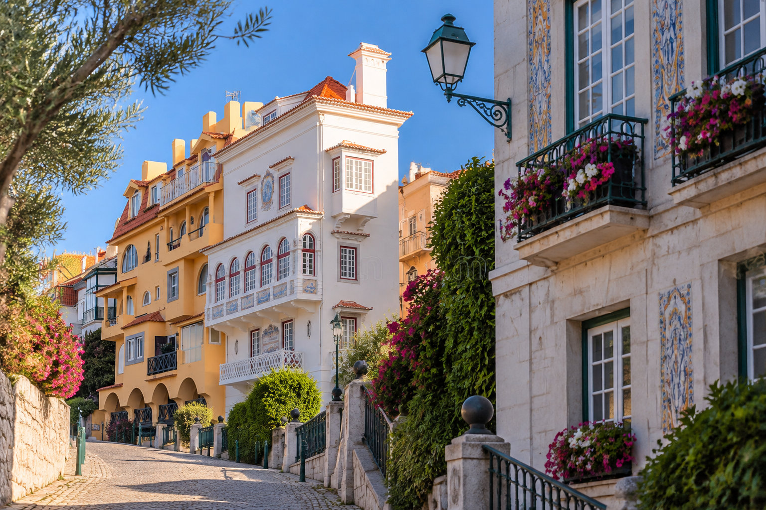Une rue pavée bordée de maisons colorées aux façades ornées de carreaux, de balcons fleuris et de végétation.