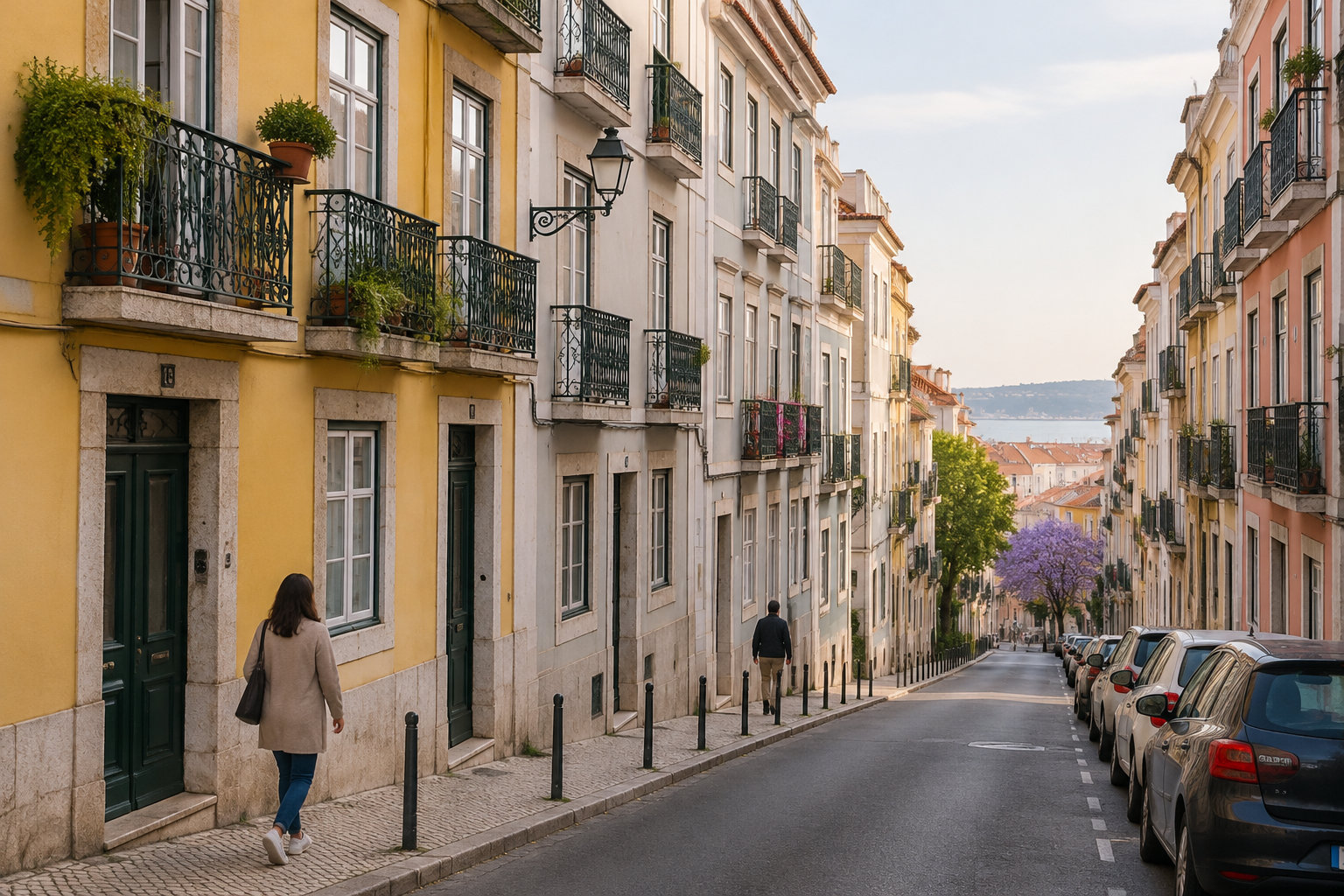 Une rue en pente bordée d’immeubles colorés aux balcons fleuris, où deux personnes marchent et des voitures sont garées le long de la chaussée.