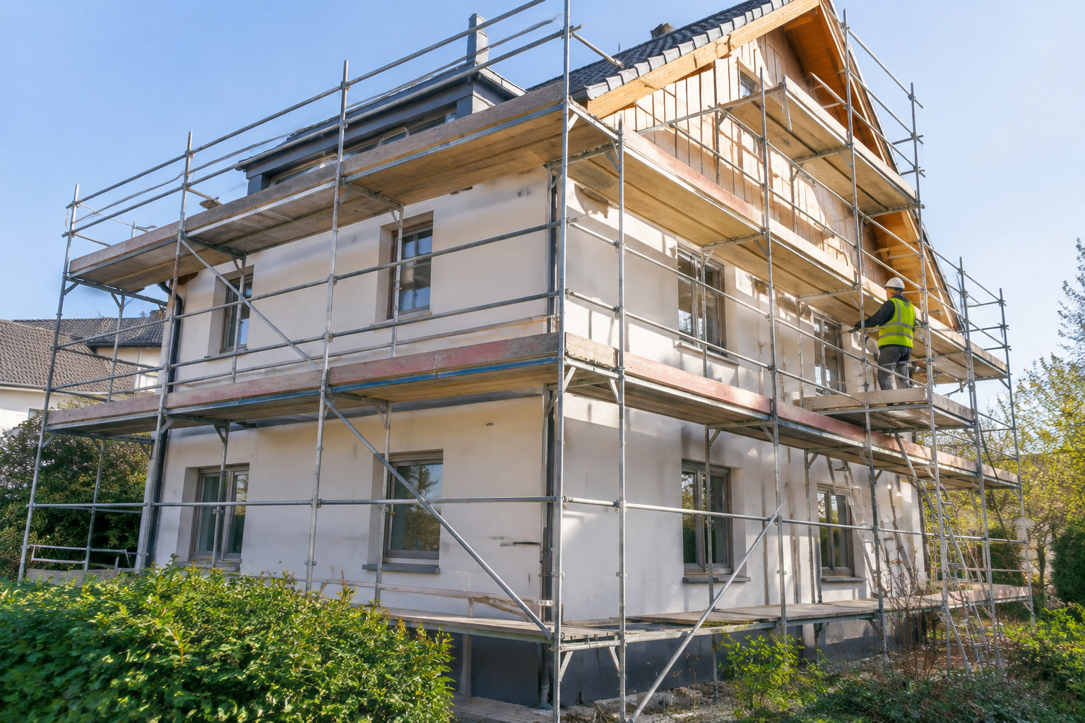 Une maison entourée d’échafaudages est en rénovation, tandis qu’un ouvrier en gilet fluorescent travaille sur une plateforme.