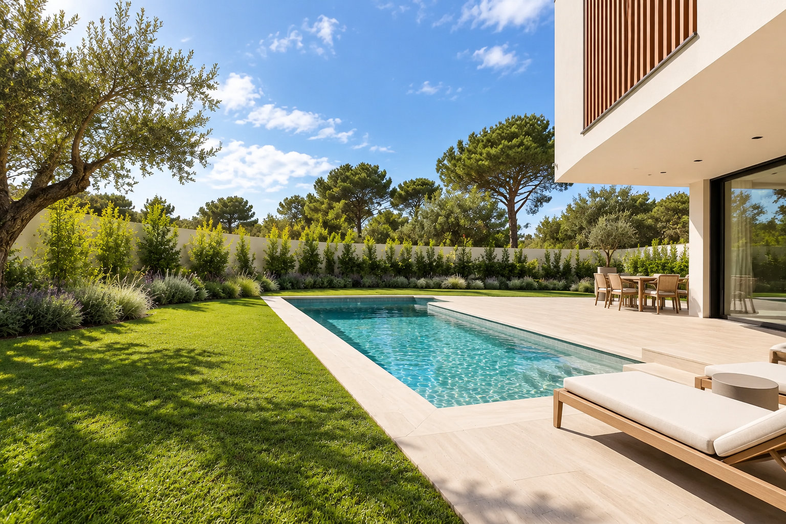 Une piscine rectangulaire bordée d’une terrasse claire se trouve dans le jardin paysager d’une maison moderne, avec une pelouse, des arbres et un coin repas ensoleillé.