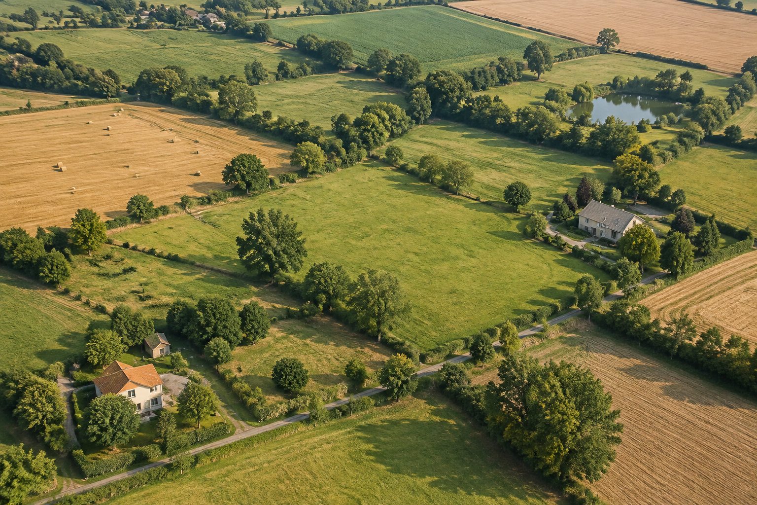 Vue aérienne de champs et de prairies bordés d’arbres, avec quelques maisons et un petit étang.