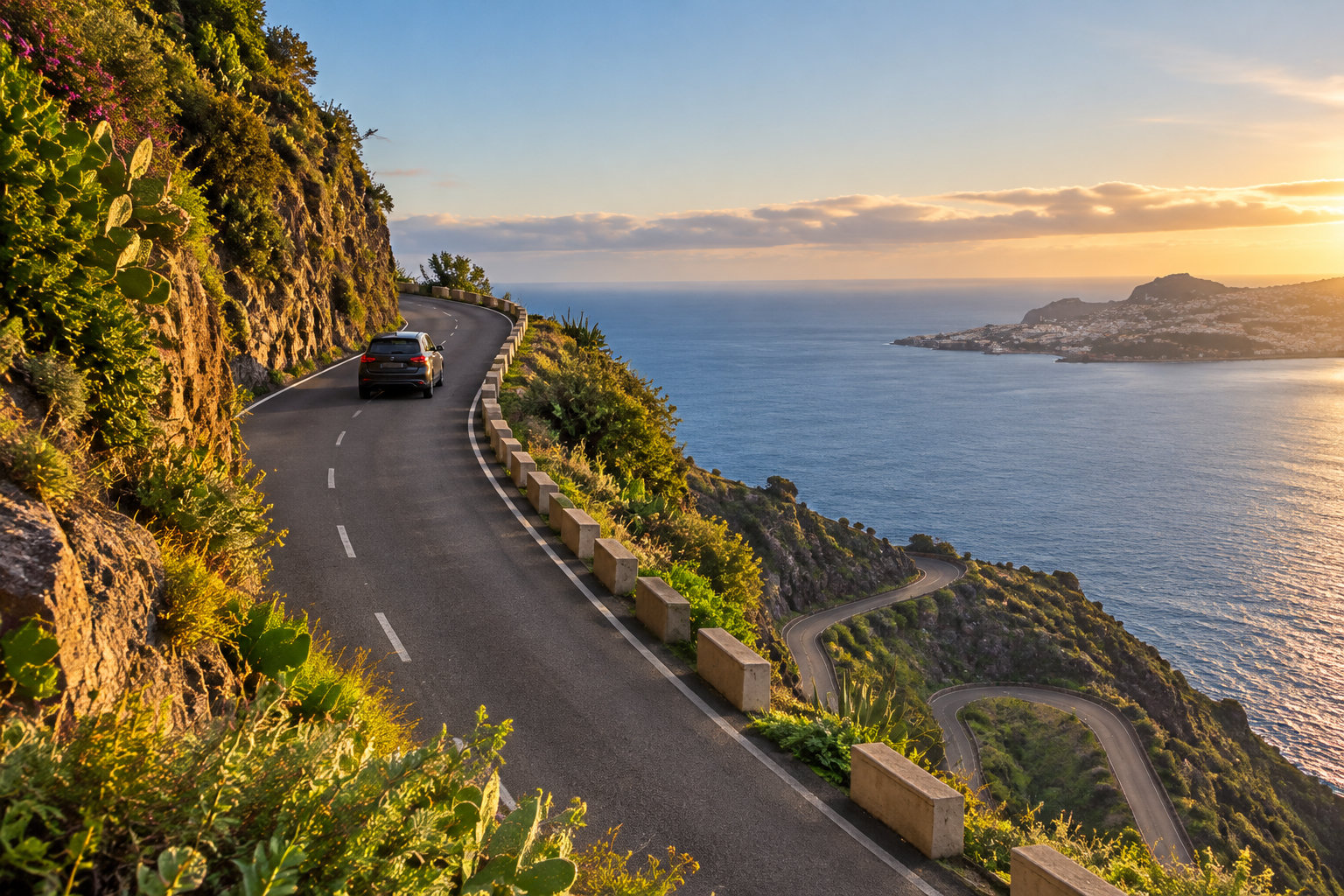Une voiture roule sur une route côtière sinueuse bordée de végétation, au-dessus de la mer au coucher du soleil.