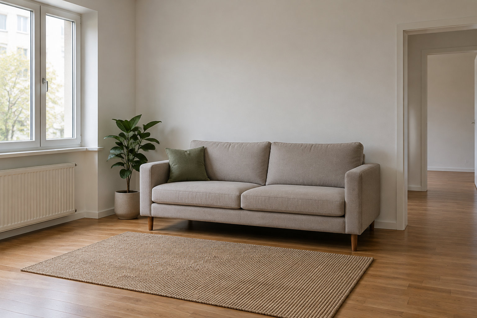 Un canapé beige avec un coussin vert est placé dans un salon lumineux, près d’une plante, d’une fenêtre et d’un tapis tressé.