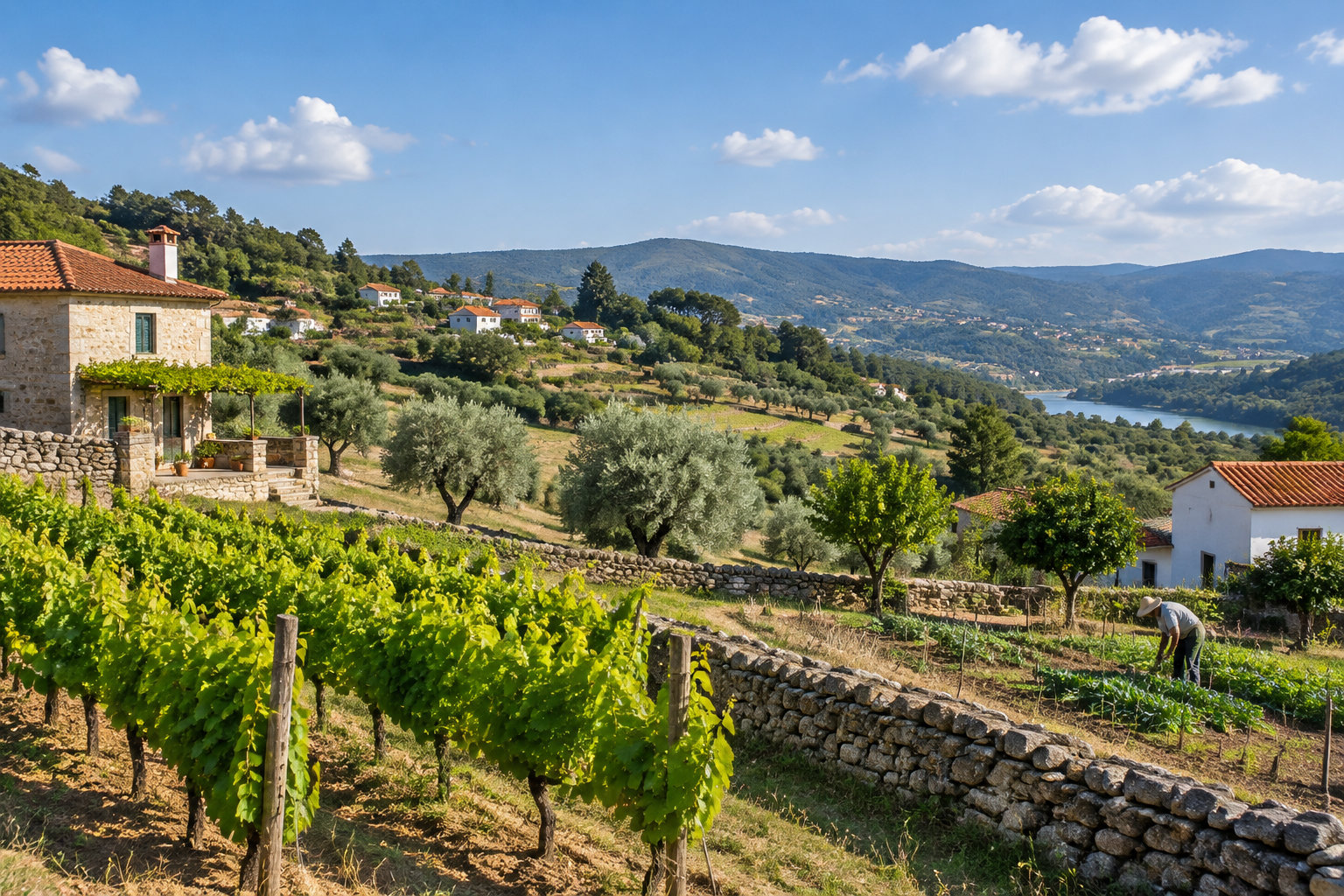 Un vignoble en terrasse entoure des maisons en pierre et des oliviers, tandis qu’une personne travaille dans un jardin avec un lac et des collines en arrière-plan.