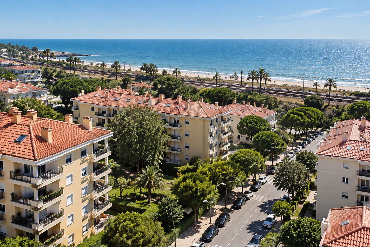 Vue aérienne d’immeubles résidentiels aux toits de tuiles, bordés d’arbres et d’une rue, avec une plage et la mer à l’arrière-plan.