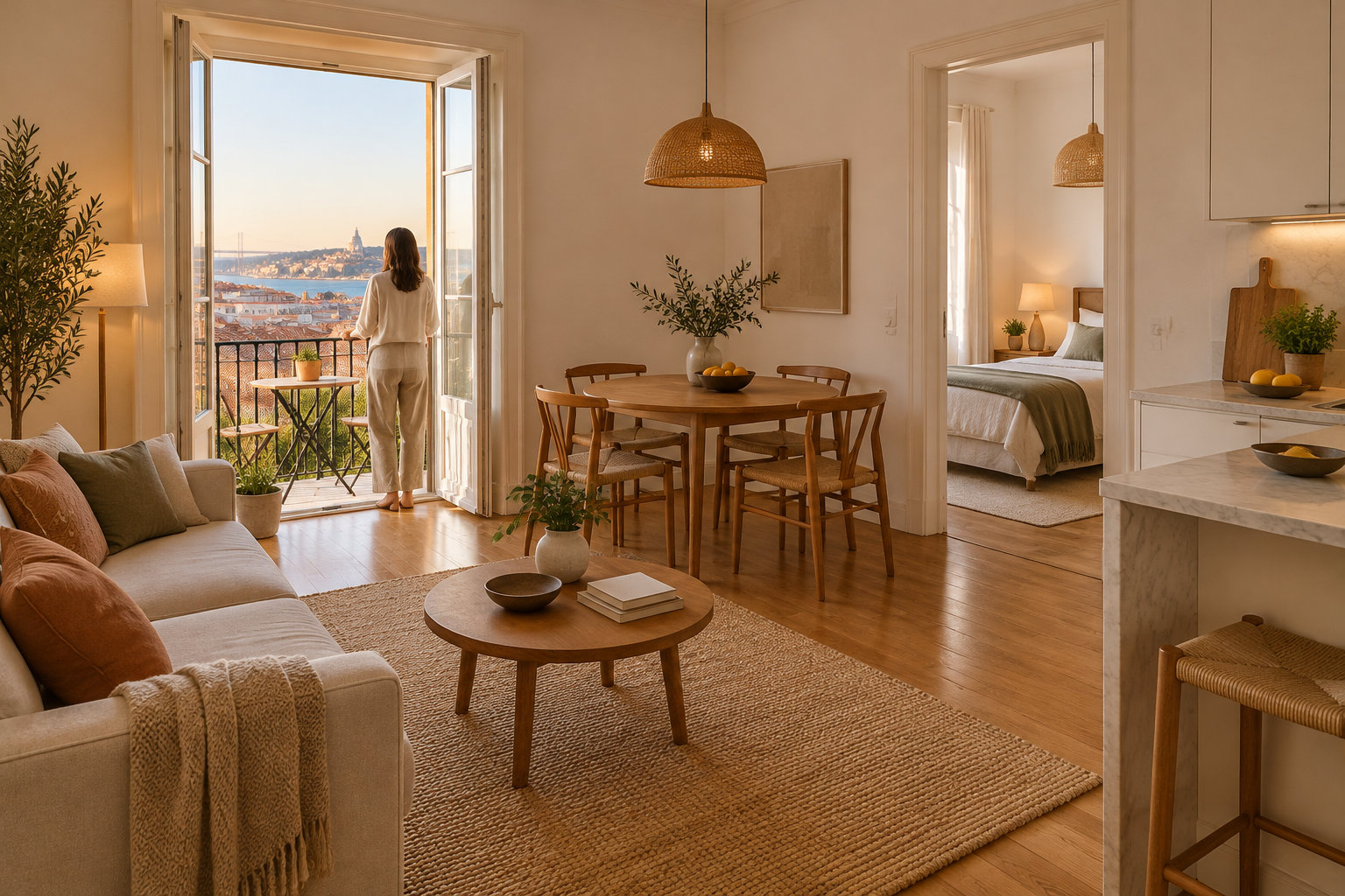 Une femme se tient devant une porte-fenêtre ouverte sur un balcon, dans un appartement lumineux avec salon, salle à manger et cuisine.