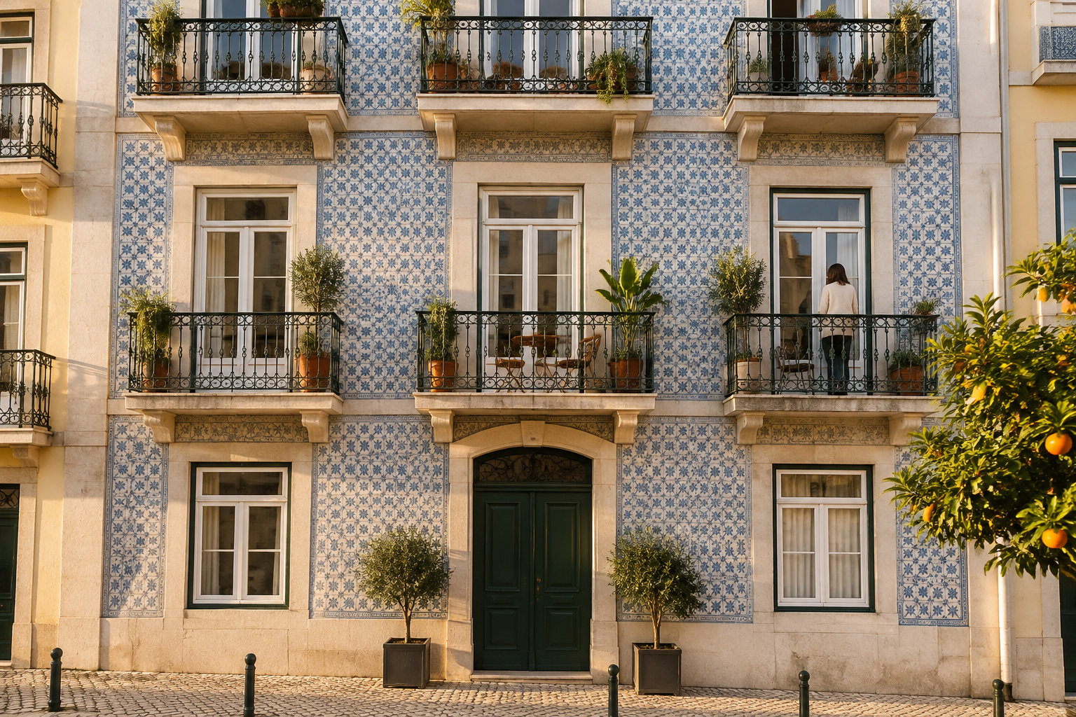 Façade d’un immeuble couvert de carreaux bleus et blancs, avec des balcons garnis de plantes et une personne debout sur l’un d’eux.