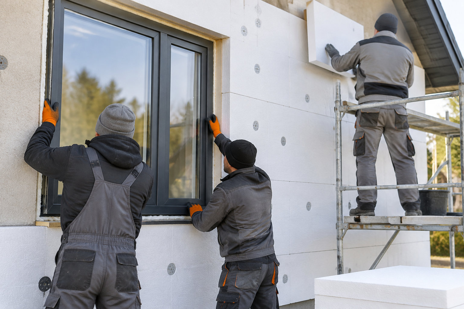 Trois ouvriers posent une fenêtre et des panneaux isolants sur la façade d’une maison, l’un d’eux travaillant sur un échafaudage.