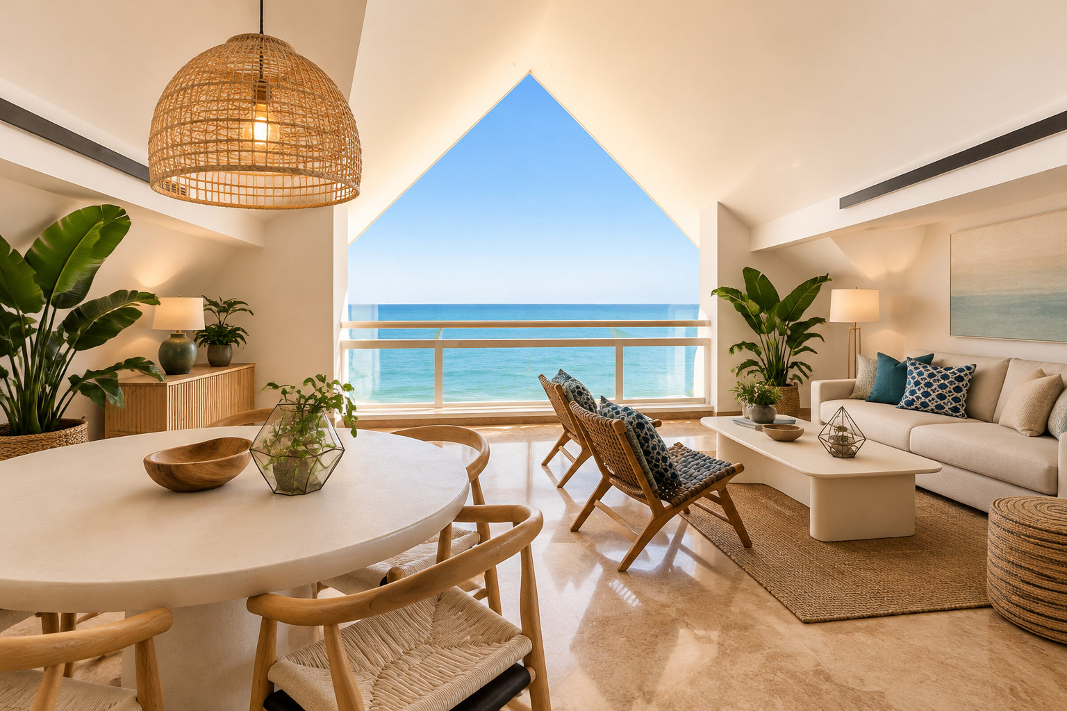 Un salon lumineux au mobilier beige et en bois, décoré de plantes, donne sur la mer par une grande baie vitrée.