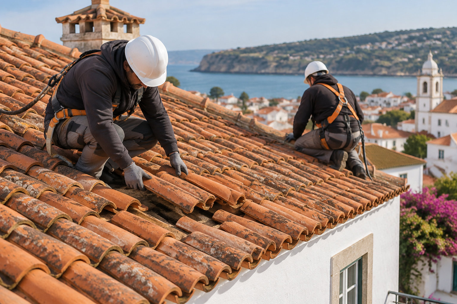 Deux ouvriers portant des casques et des harnais travaillent sur un toit en tuiles rouges, avec une ville côtière en arrière-plan.