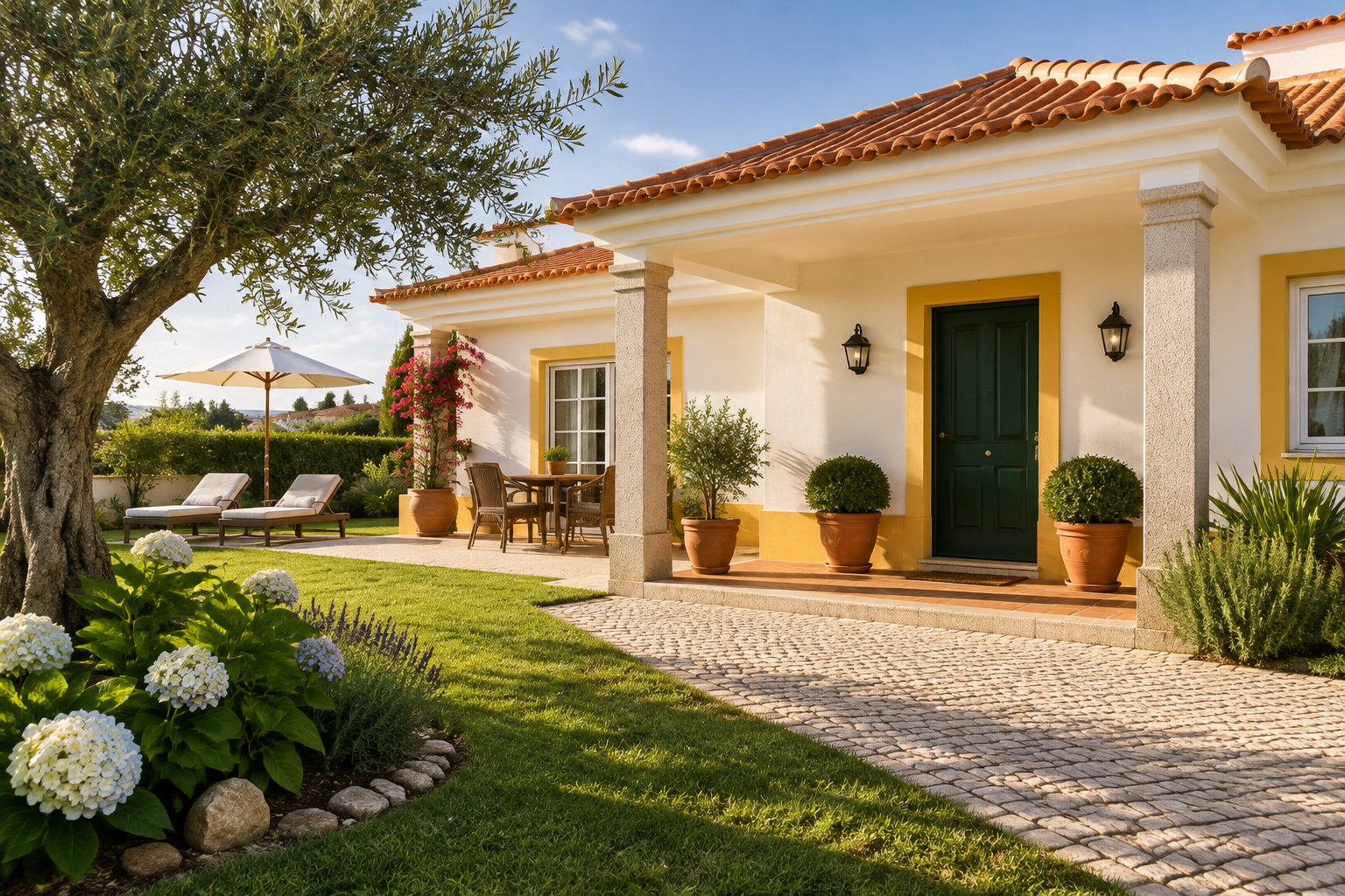 Une maison aux murs clairs et au toit de tuiles rouges donne sur un jardin aménagé avec une terrasse, des chaises longues, des arbustes et des hortensias.