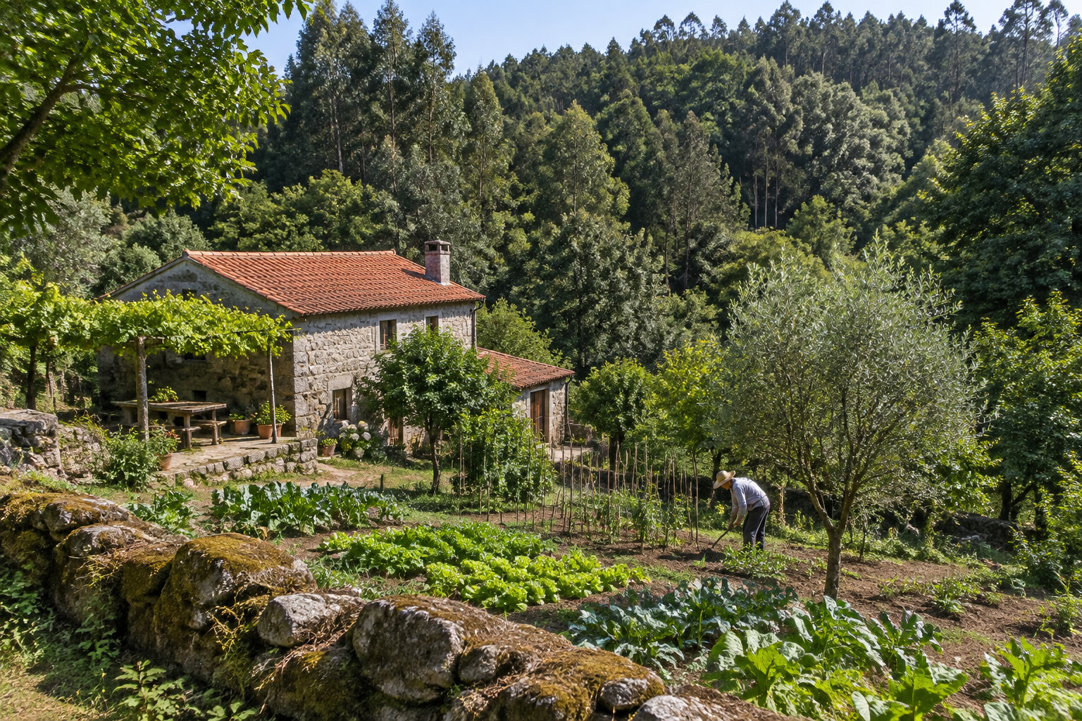 Une personne jardine dans un potager devant une maison en pierre entourée d’arbres.