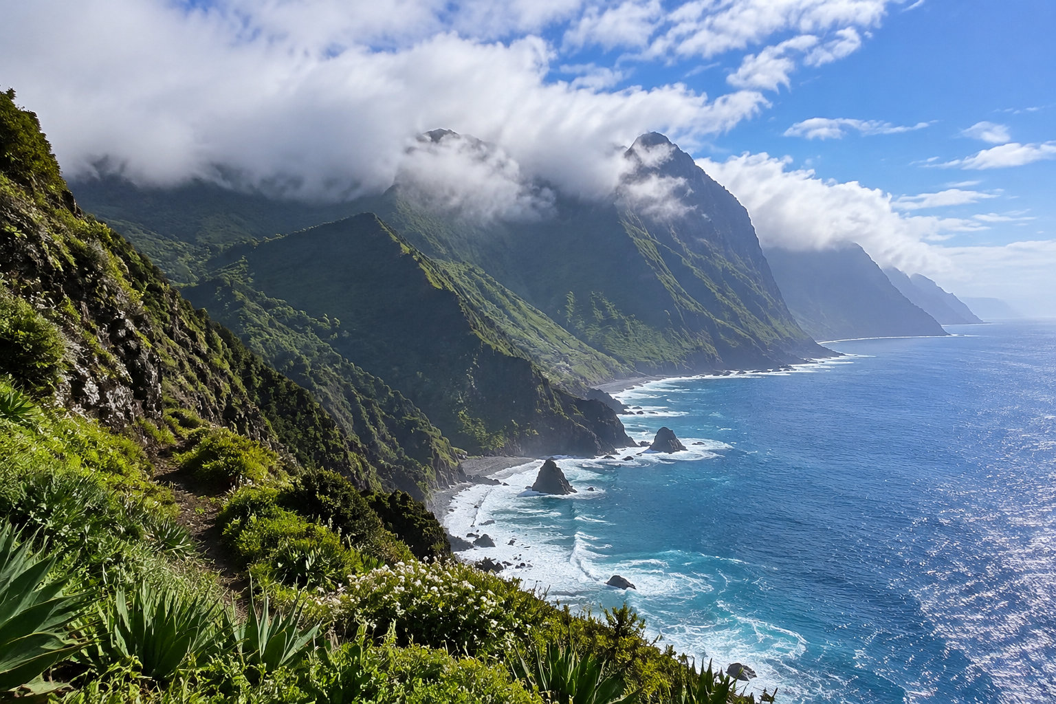Une côte montagneuse verdoyante surplombe l’océan, avec des vagues se brisant contre les rochers sous un ciel nuageux.