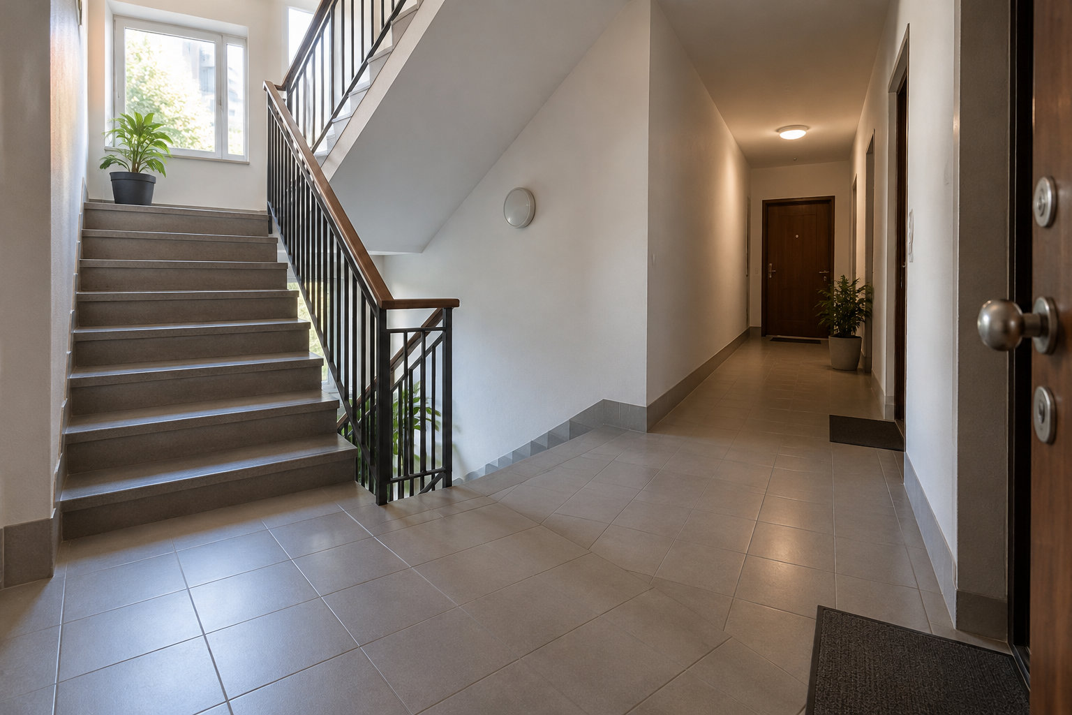 Un hall d’immeuble avec un escalier, un couloir, des portes, des plantes en pot et un sol carrelé.