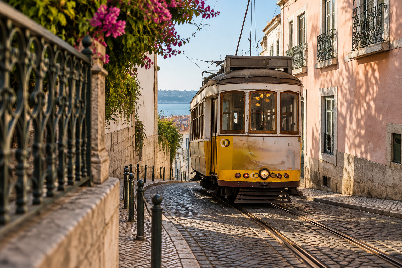 Un tramway jaune descend une rue pavée bordée de maisons, de garde-corps en fer forgé et de fleurs, avec la mer visible au loin.