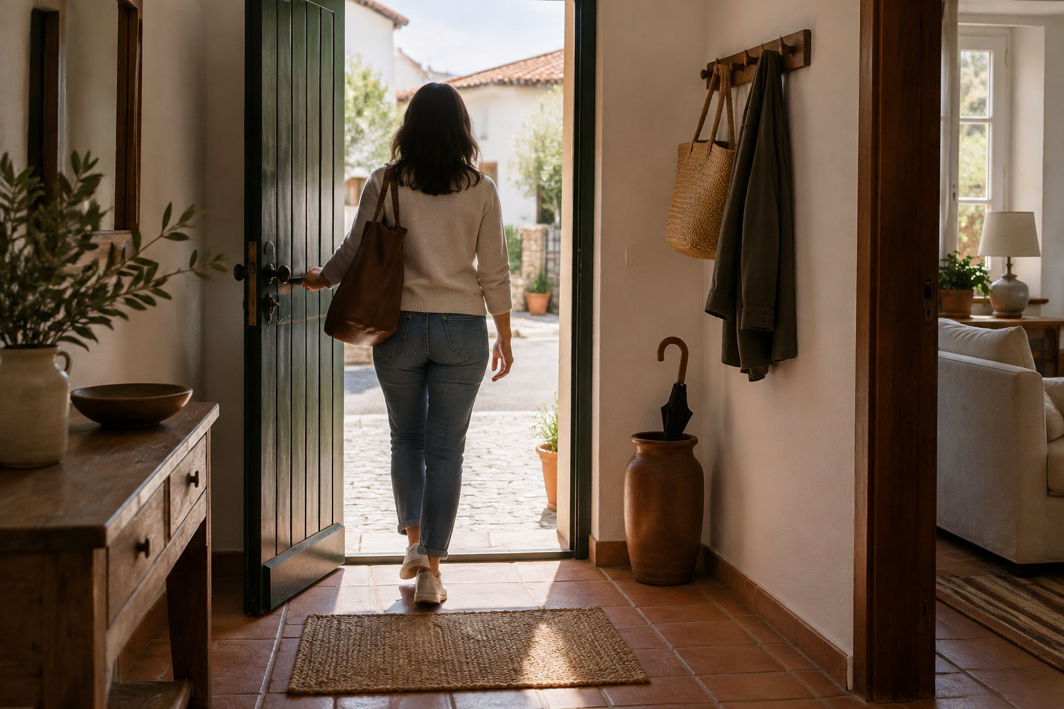 Une femme portant un sac à l’épaule ouvre la porte d’entrée et sort d’une maison, où se trouvent un porte-manteau, un parapluie et un meuble en bois.