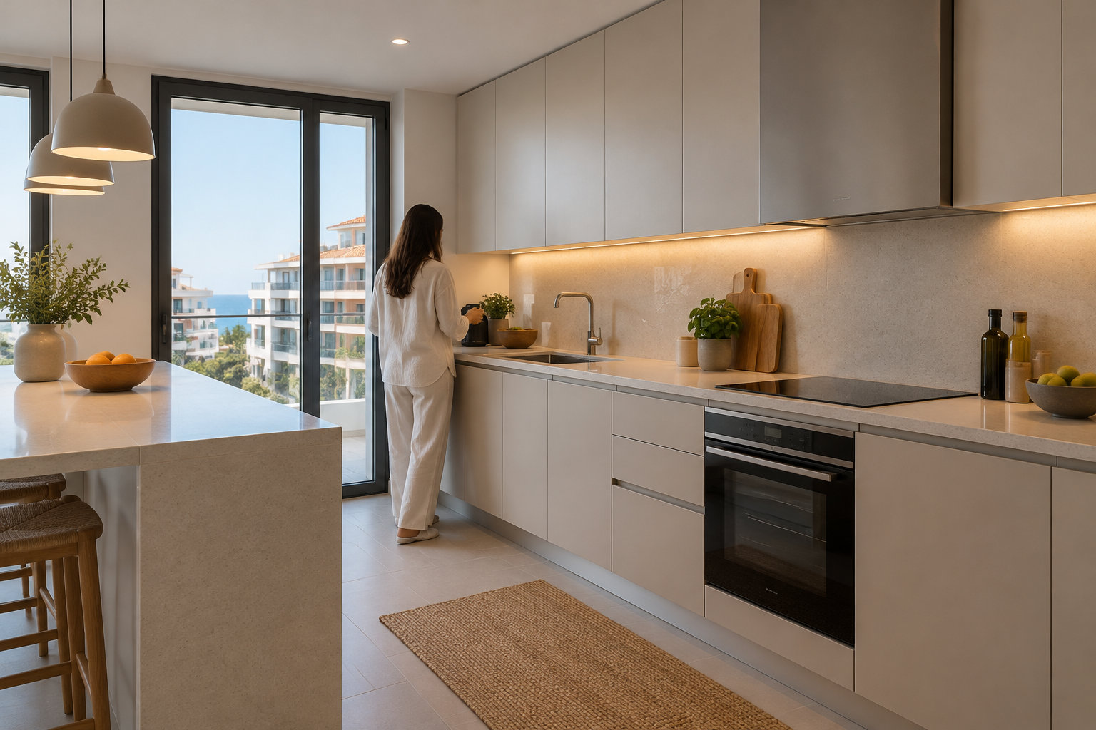 Une femme en tenue claire se tient devant le plan de travail d’une cuisine moderne, près d’une grande baie vitrée donnant sur des immeubles et la mer.
