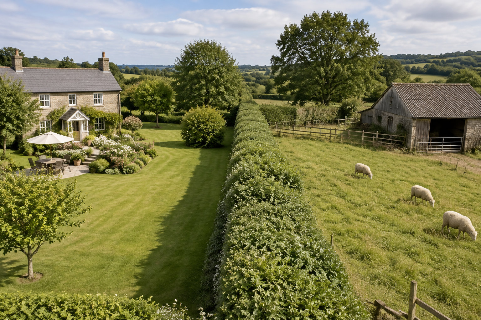 Une maison en pierre et un jardin aménagé jouxtent un pré où paissent trois moutons, séparés par une longue haie d’une grange en bois.