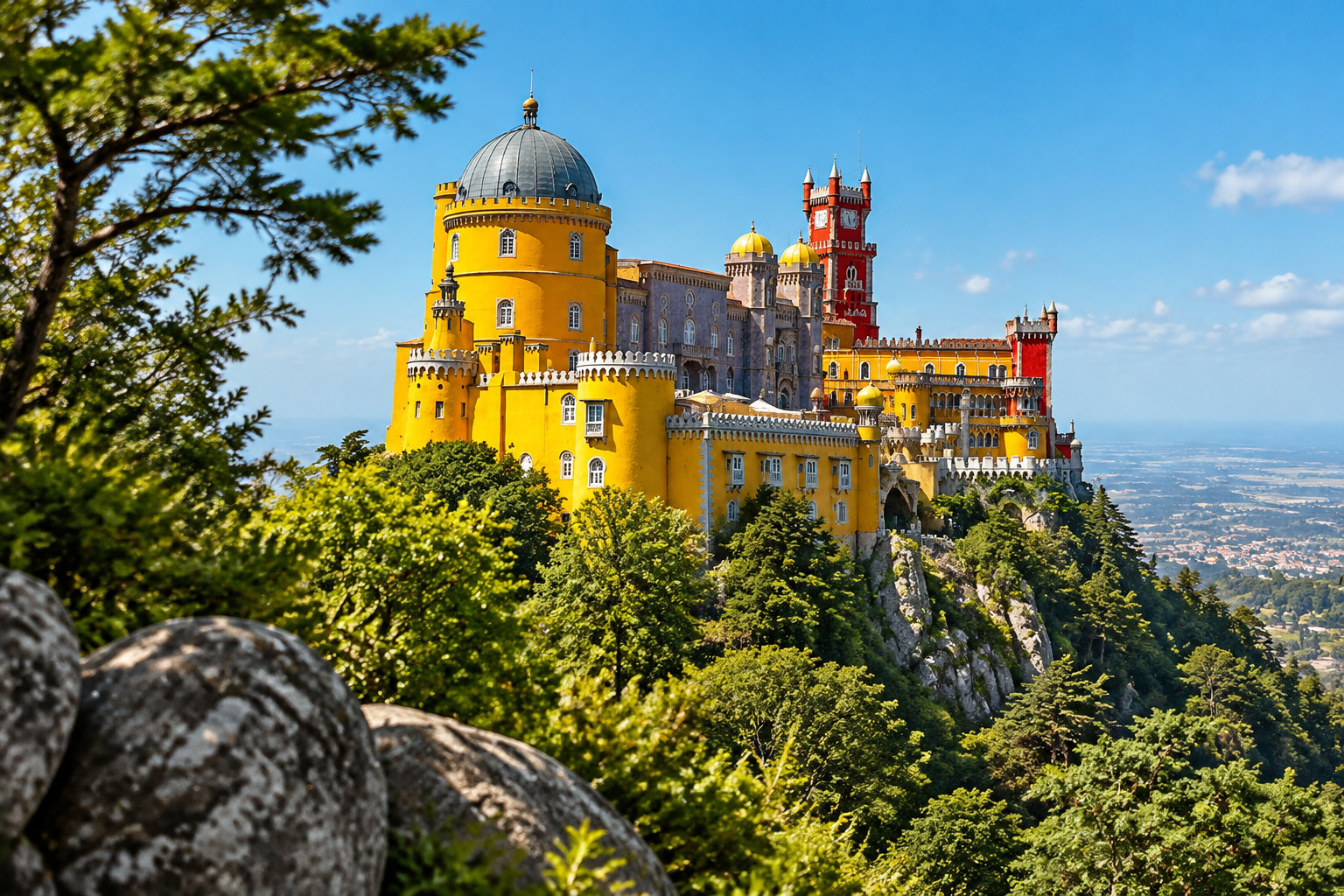 Un château aux façades jaunes et rouges se dresse sur une colline boisée sous un ciel bleu.