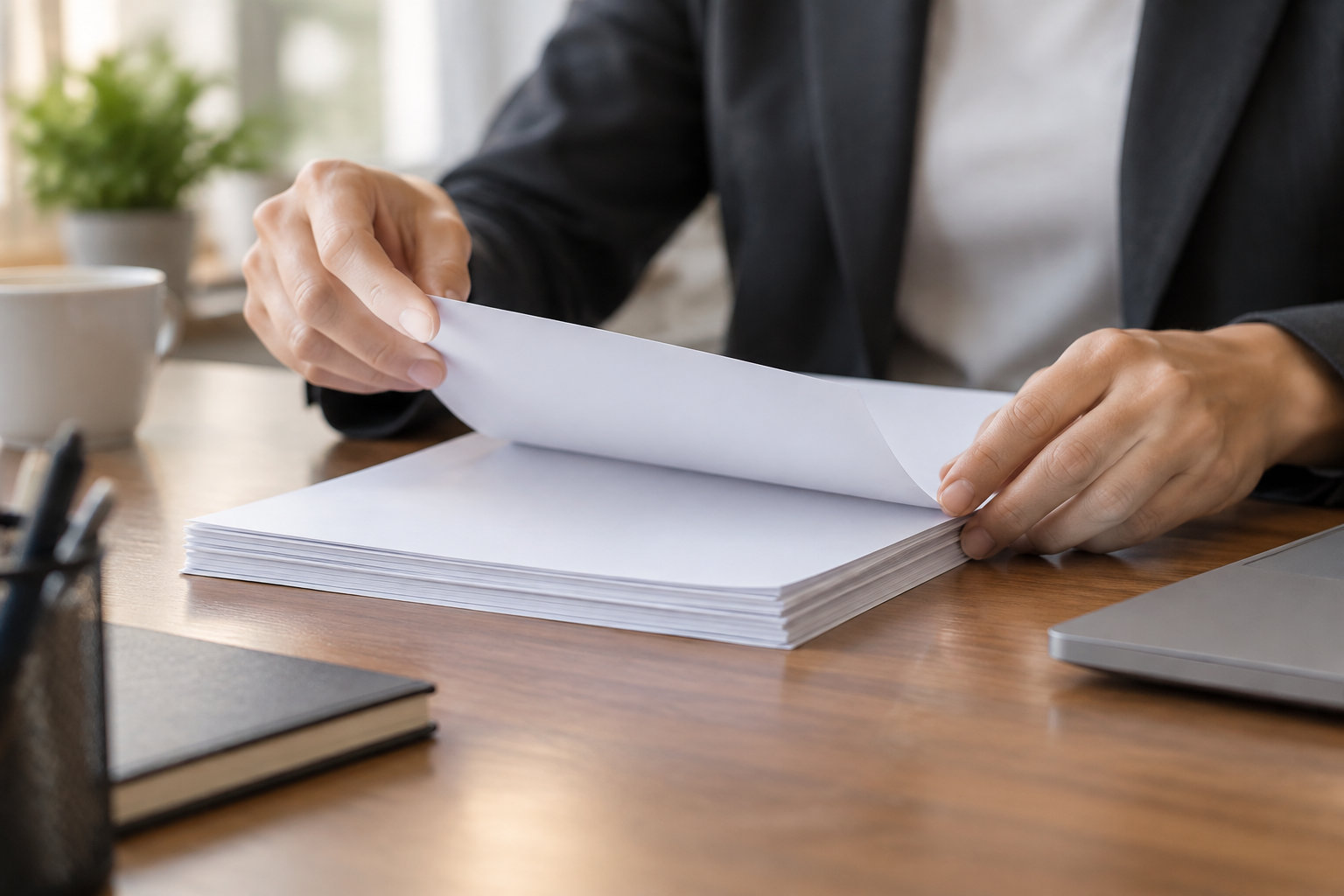 Une personne tourne une feuille blanche au-dessus d’une pile de papiers, à un bureau où se trouvent une tasse, un carnet et un ordinateur portable.