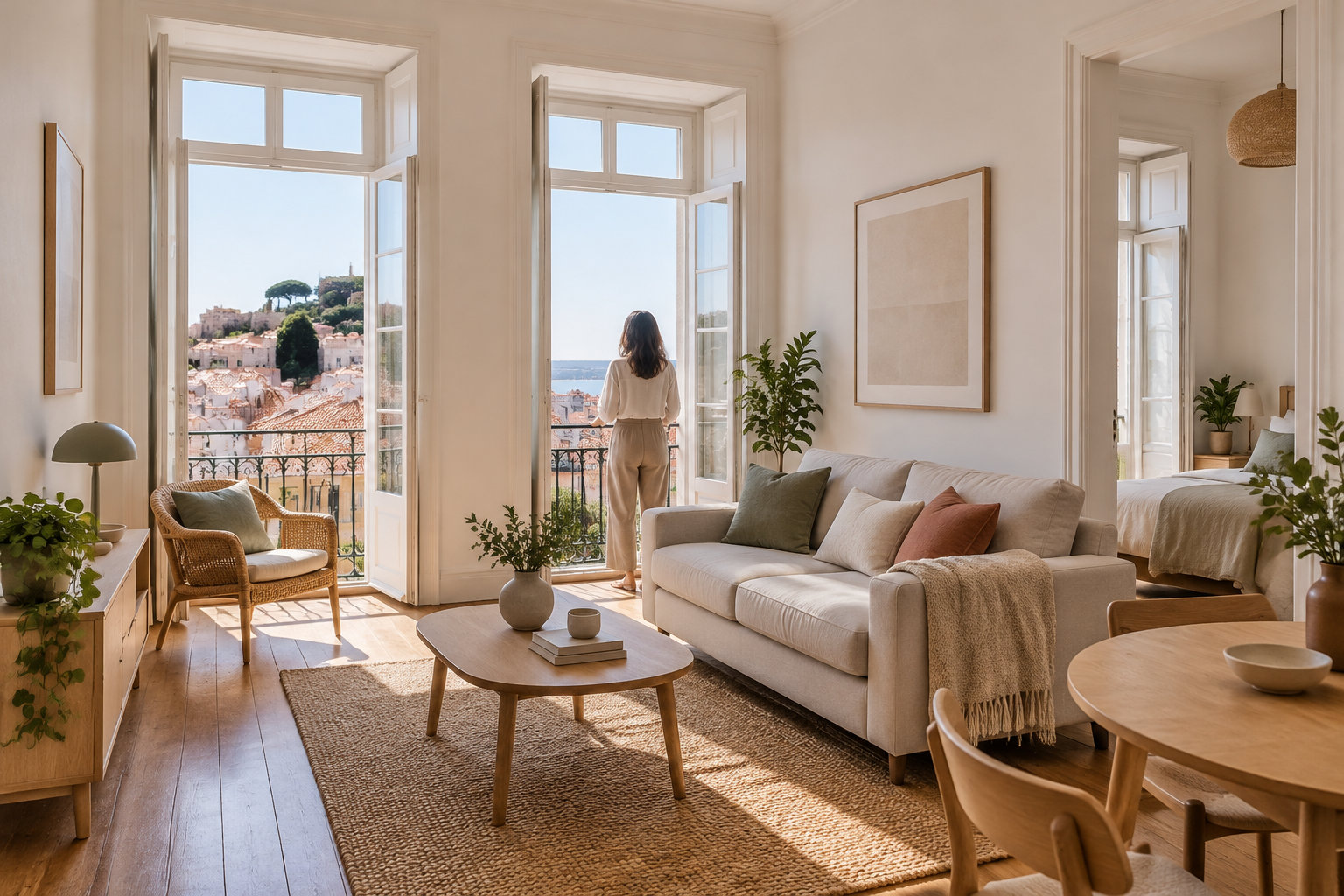 Un salon lumineux aux tons naturels, avec une femme debout devant une fenêtre ouverte, un canapé, des fauteuils et des plantes.