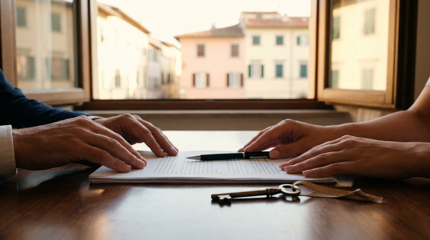 Signature d’un achat immobilier au Portugal Gros plan sur des mains signant un contrat immobilier sur une table avec une clé, devant une fenêtre avec vue urbaine.
