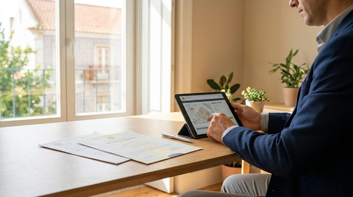 Vérification juridique d’un bien au Portugal Un homme en costume vérifie les documents officiels d'un bien immobilier portugais sur une tablette numérique.